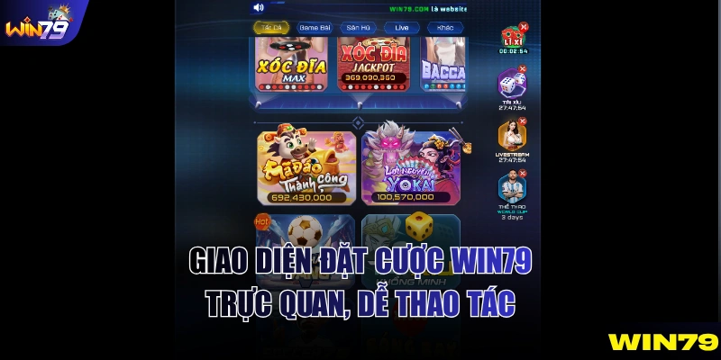 Giao diện đặt cược WIN79 trực quan, dễ thao tác